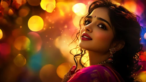 Indian woman glows under vibrant festival bokeh lights.
