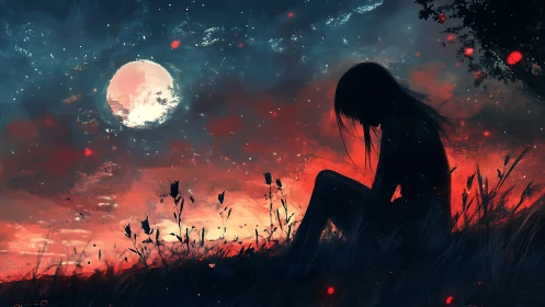 Silhouetted girl under moonlit sky in fiery twilight field.