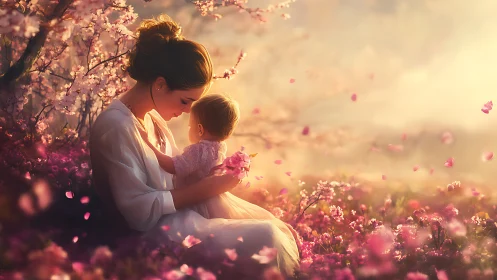 Woman and child in flowering field at golden hour.