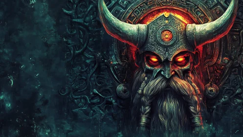 Horned warrior skull with glowing eyes against carved wall.