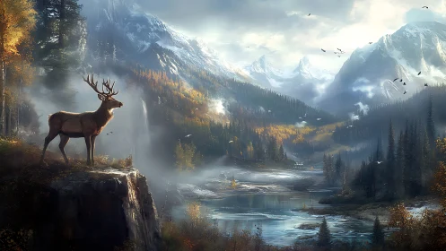 Stag overlooking misty river valley and snowy mountains.
