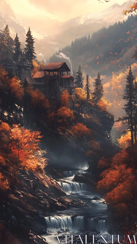 Tiered autumn waterfalls beneath alpine timber outpost.