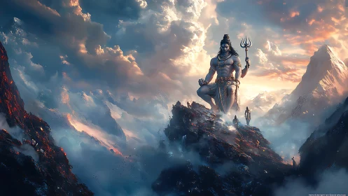 Colossal trident-bearing figure sits on rugged mountain peak