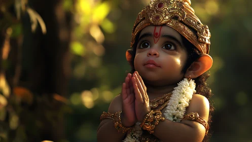 Sweet baby deity in golden crown bathed in soft light.
