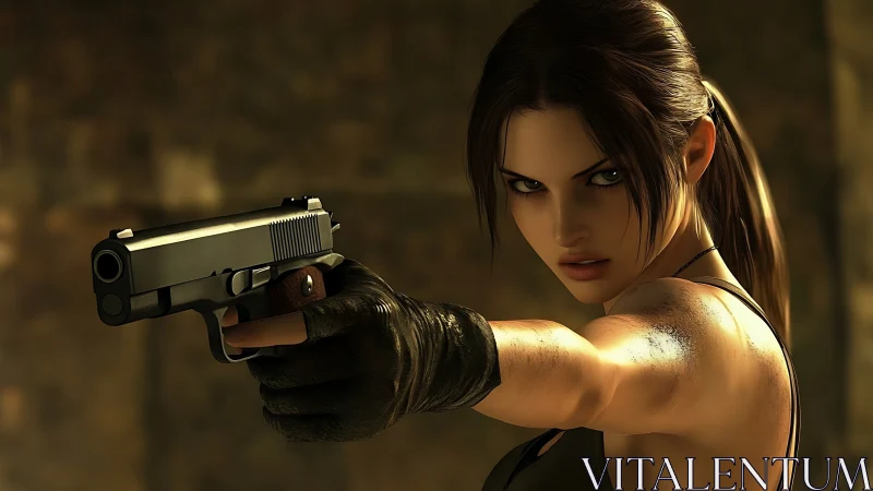 Rendered female agent aiming handgun in low light setting.