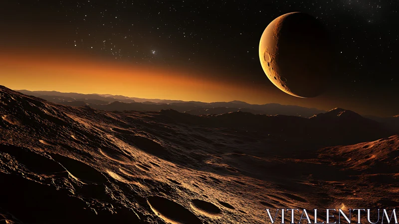 Digital painting of alien dusk landscape with crescent moon.