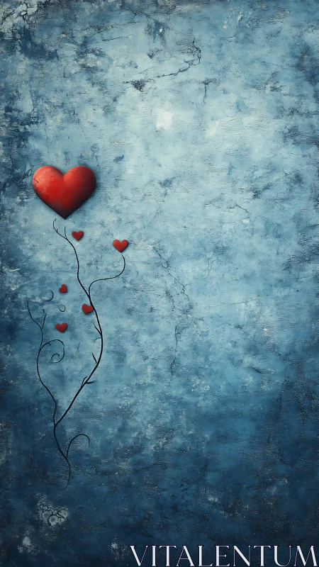 Red Hearts Emerging from Textured Blue Wall Surface