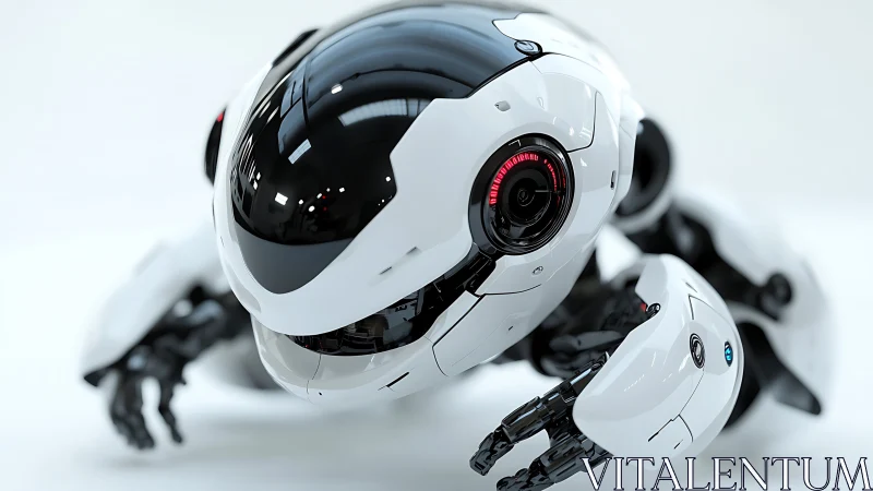 Spherical white robotic unit with articulated limbs in view.