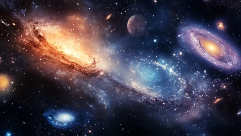 Multiple spiral galaxies are rendered in a dense starfield