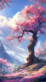 Majestic cherry blossom tree over alpine valley in spring light.
