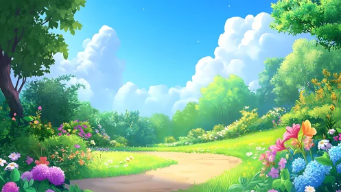 Luminous floral meadow path under cumuliform cloud architecture.