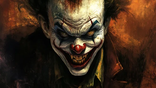 Sinister clown portrait with twisted grin in fiery light.