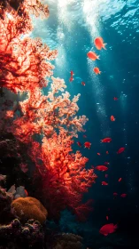 Sunlit coral wall with schooling anthias under caustic shafts