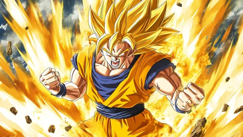 Male anime fighter stands amid radial golden energy burst