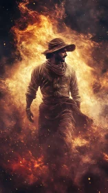Desert wanderer strides through roaring inferno storm.