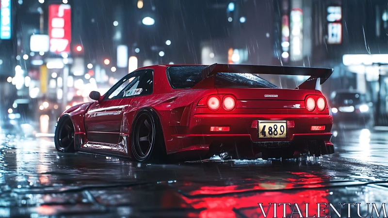 Modified red sports coupe is parked on wet city street at night