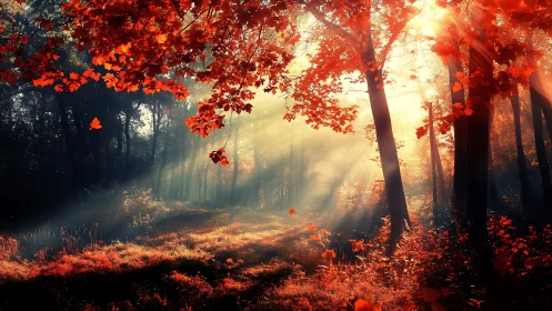 Volumetric light diffusion through autumn forest canopy with chromatic foliage