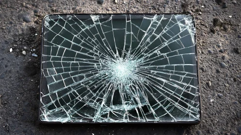 Tablet screen shows extensive radial shatter on asphalt surface