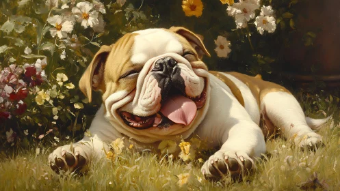 Bulldog lies on grass among flowers in detailed painting