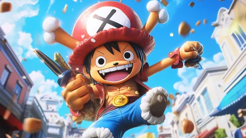 Energetic anime pirate hero jumping through bright street.