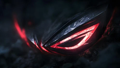 Futuristic metallic mask with glowing red accents in dark setting.