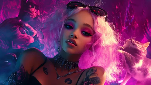Neon-lit glam portrait with cats in saturated magenta glow.