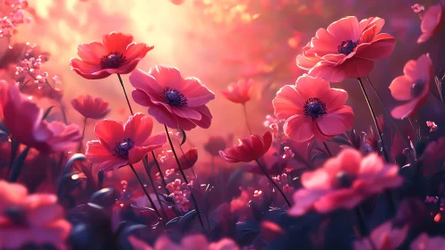 Pink Anemones in Golden Sunlight Field.