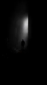 Solitary figure walking toward a quiet circle of pale light.