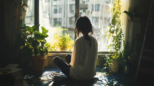 Woman sits by a bright window surrounded by houseplants.