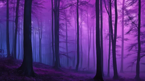 Forest landscape with trees in purple and blue atmospheric conditions
