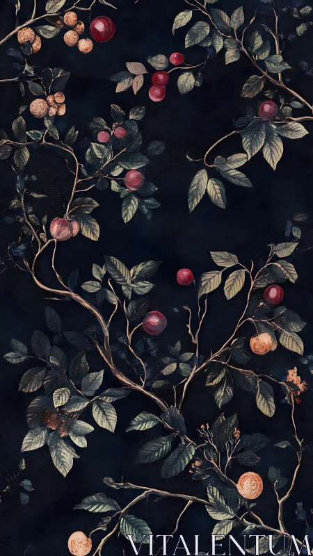 Dark botanical fruit branches with muted vintage foliage