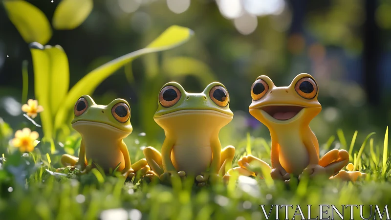 Three stylized cartoon frogs in bright garden setting.