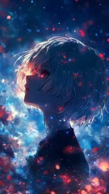 Stargazing profile of white haired anime figure in nebula glow.