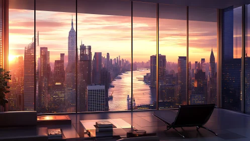 Urban skyline river view from high-rise interior at dusk.