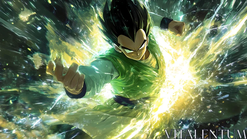 Powerful anime fighter unleashes bright energy burst.