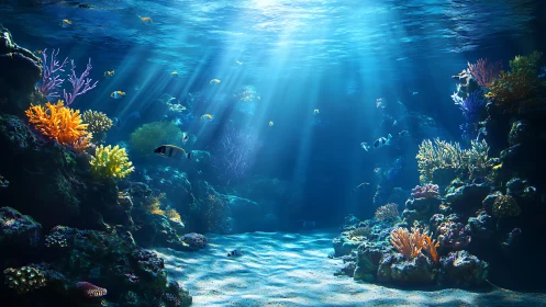 Sunlit coral canyon with drifting tropical fish below waves.