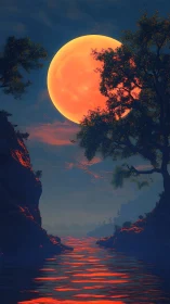 Vast crimson moon rising above twilight canyon river.