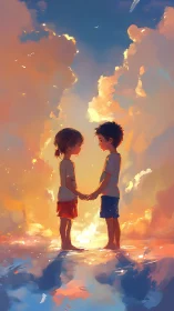 Sunlit shoreline moment with two kids holding hands.