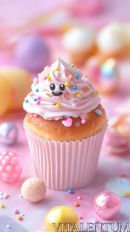 Delightfully Whimsical Cupcake with Cheerful Character.