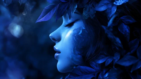 Bioluminescent profile of a woman entwined with cobalt foliage