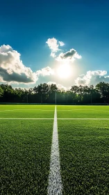 Sunlit soccer field inviting quiet moments before play.