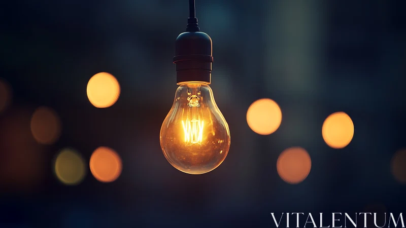 Suspended warm filament bulb amid blurred bokeh orbs.