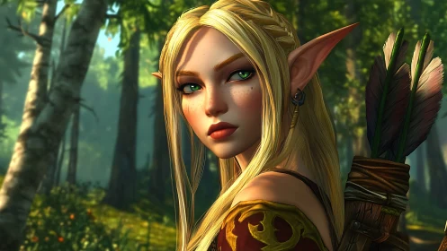 Forest elf archer pausing mid-quest in glowing morning light.
