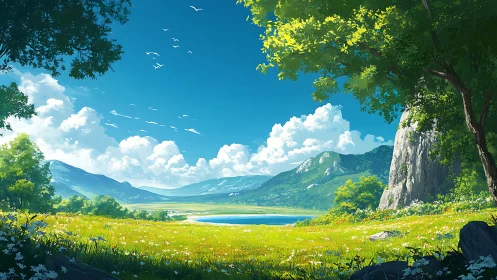 Sunlit valley meadow under bright blue summer sky.