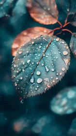 Dew-covered teal leaf hangs against soft bokeh background