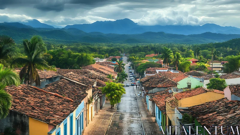 Colonial street leads into lush valley under storm clouds.