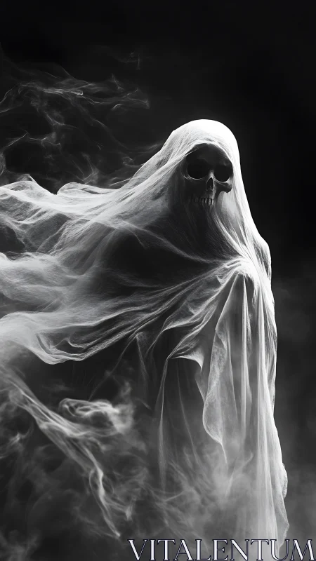 Shrouded skeletal wraith emerging from drifting white mist.