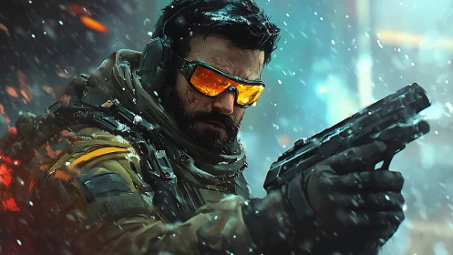 Armored soldier aiming pistol in harsh winter combat zone.