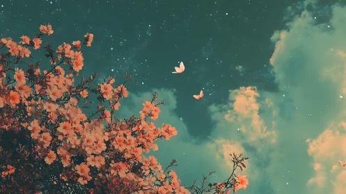 Coral blossoms rise toward teal night sky and drifting stars.