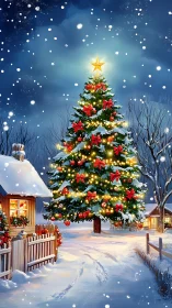 Snow-covered village Christmas tree glows under a starry sky